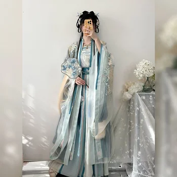 Женское китайское платье Hanfu, древние традиционные комплекты с вышивкой Hanfu, Карнавальный костюм Феи для косплея, Зеленое танцевальное платье Hanfu