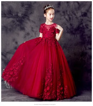 Красное Тюлевое платье Принцессы Для девочек, Элегантный Костюм с цветочным узором Для девочек, Детское праздничное платье с вышивкой из бисера, платье для Свадебного причастия