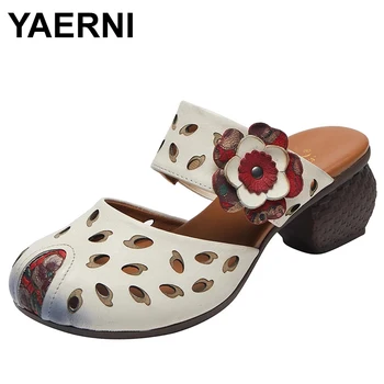 Удобные летние тапочки в этническом стиле из натуральной кожи 5 см, женские сандалии с цветочной аппликацией, Модный принт, обувь на не сужающемся книзу каблуке