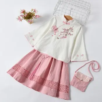 Новый Весенне-летний Детский костюм Hanfu для девочек, платье Принцессы с цветочным принтом от 3 до 12 лет, Комплект