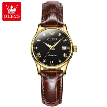OLEVS 9932 Женские автоматические механические часы С кожаным ремешком, простые Высококачественные Роскошные деловые Водонепроницаемые часы для женщин