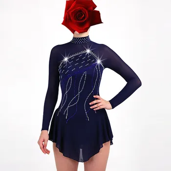 Платье для фигурного катания для женщин, платье для катания на коньках для девочек, темно-синий, королевский синий гимнастический костюм, изготовленный на заказ, горный хрусталь, розово-красный B105