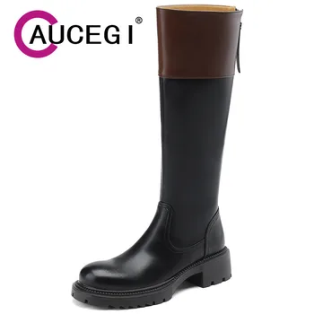 Aucegi/ Разноцветные Рыцарские сапоги до колена с круглым носком; Качественная Кожаная Дизайнерская обувь на платформе и блочном каблуке с молнией сзади; Большой размер 42