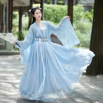 Новое женское платье Hanfu с китайской традиционной Вышивкой, Сценическое танцевальное платье, Женский Сказочный Косплей-костюм Hanfu Blue для женщин