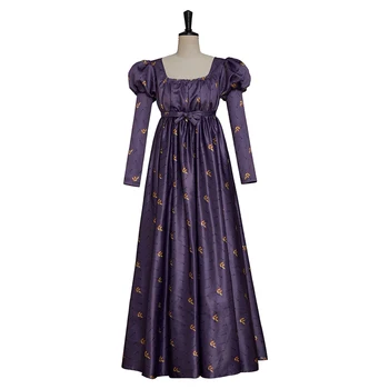 Женское платье Эпохи Регентства с цветочной вышивкой, Средневековое Викторианское Фиолетовое платье с пышными рукавами и высокой талией в стиле Джейн Остин для чаепития