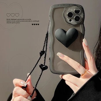 3D Черный Чехол Для телефона Love Heart Для iPhone 14 Pro Max Case iPhone 11 13 12 Pro Max XS X XR 7 8 Plus с Волнистым Ремешком на Цепочке