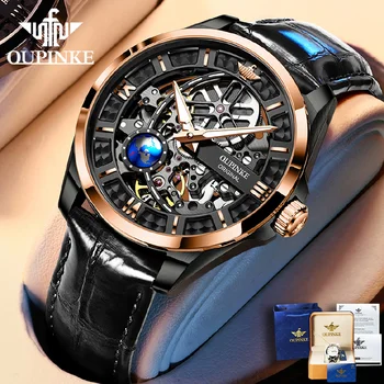 Роскошные Часы OUPINKE для мужчин, Автоматические механические Наручные часы из сапфировой кожи, Водонепроницаемые спортивные наручные часы со скелетом, бренд reloj hombre