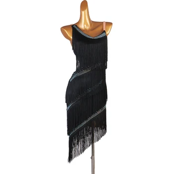 Профессиональная юбка для латиноамериканских соревнований, женская Черная юбка для латиноамериканских танцев Румба, платье для латиноамериканских танцев с кисточками, Женская стандартная юбка для латиноамериканских танцев Самба