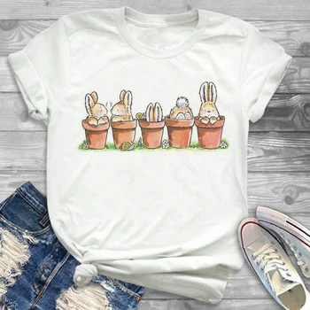 Кролик, растение, цветок, Новая милая женская одежда, Одежда с героями мультфильмов, Модная футболка с коротким рукавом и принтом, Женский топ, графическая футболка