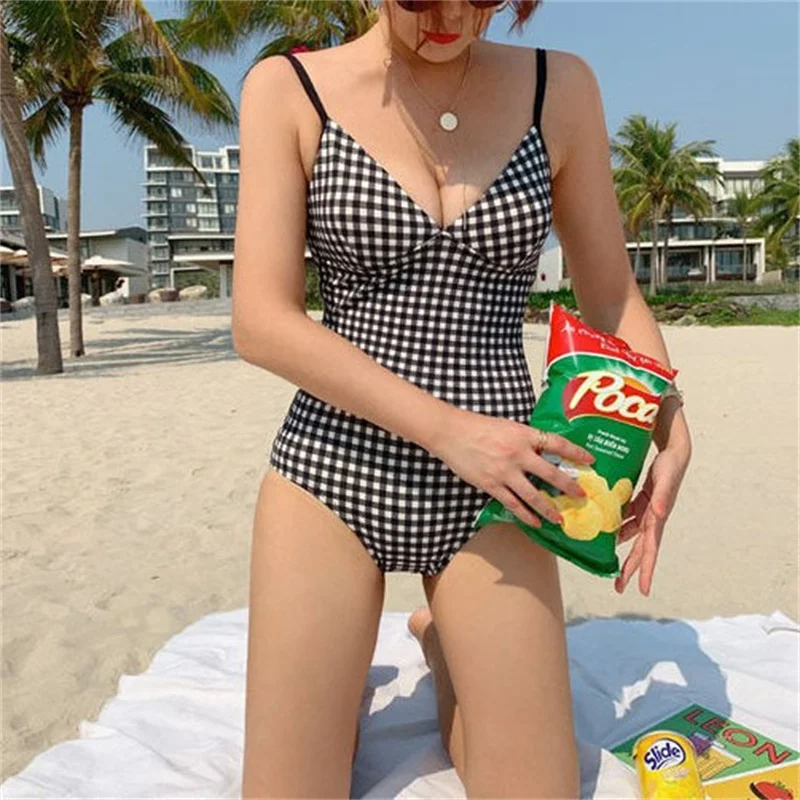 2023, Новый модный женский купальник-бикини в клетку с открытой спиной, сексуальный цельный купальник на горячую весну