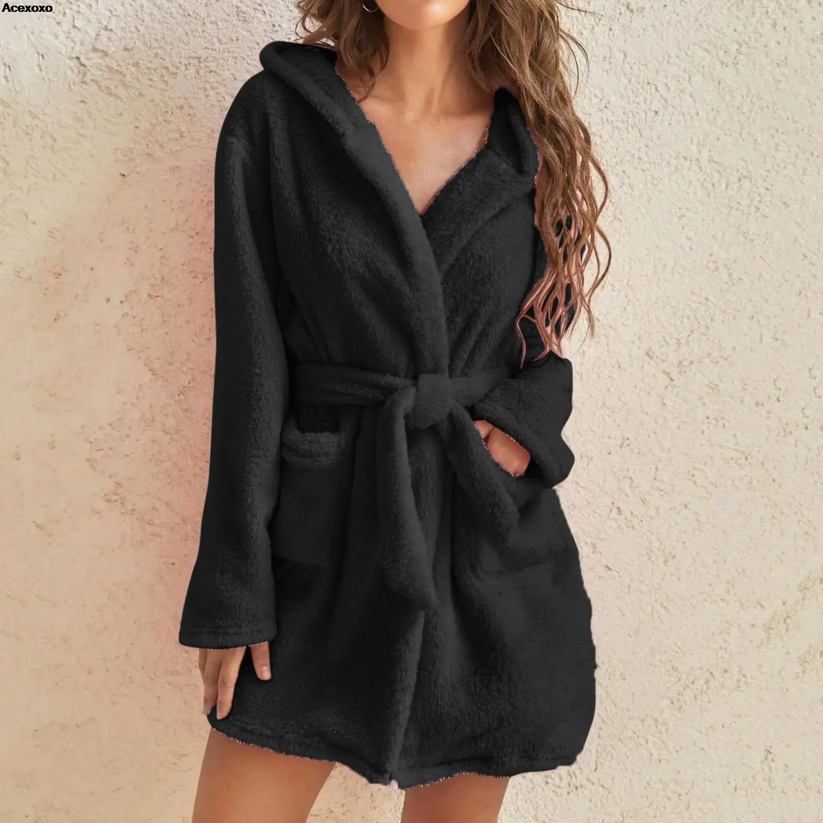 2023 Осенне-зимняя плюшевая пижама с капюшоном, однотонный теплый халат, женский домашний