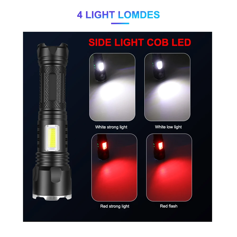 Asafee Сильный свет факела 2000 ЛМ перезаряжаемый факел XHP160 + COB светодиодный факел Наружного Освещения с Двойным Переключателем Факела