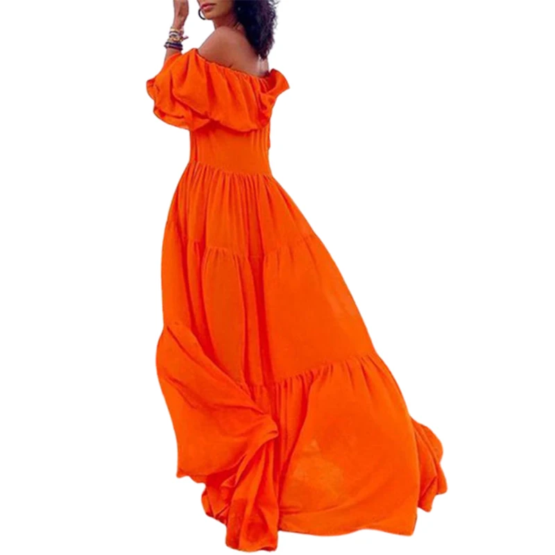 Missuoo 2023, Летнее Новое Женское Оранжевое Однотонное Длинное Пляжное Платье с открытыми плечами, Короткими Пышными Рукавами, Свободные Платья для Женщин