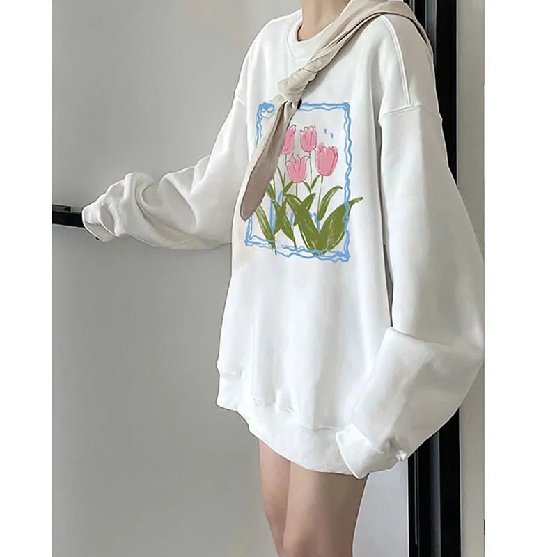 Y2k, Новый Свободный пуловер с капюшоном, женские летние толстовки в стиле колледжа с круглым вырезом и принтом тюльпана, топы с длинными рукавами, одежда Kawaii