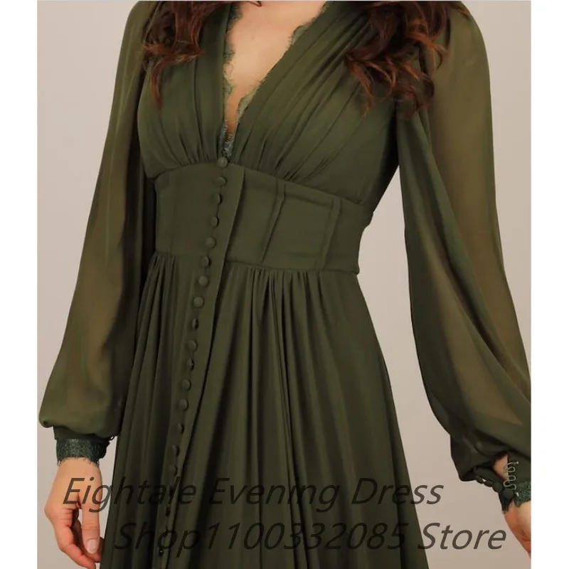 Армейское зеленое шифоновое вечернее платье трапециевидной формы с Длинным пышным рукавом, сексуальное кружевное платье с V-образным вырезом, сшитое на заказ, плюс Размер, арабское вечернее платье для выпускного вечера