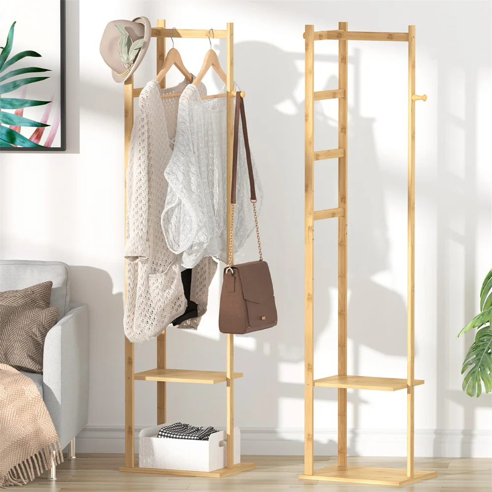 Вешалка для одежды из цельного бамбука, отдельно стоящая Вешалка для одежды с угловой подставкой для хранения одежды с крючками для домашней спальни