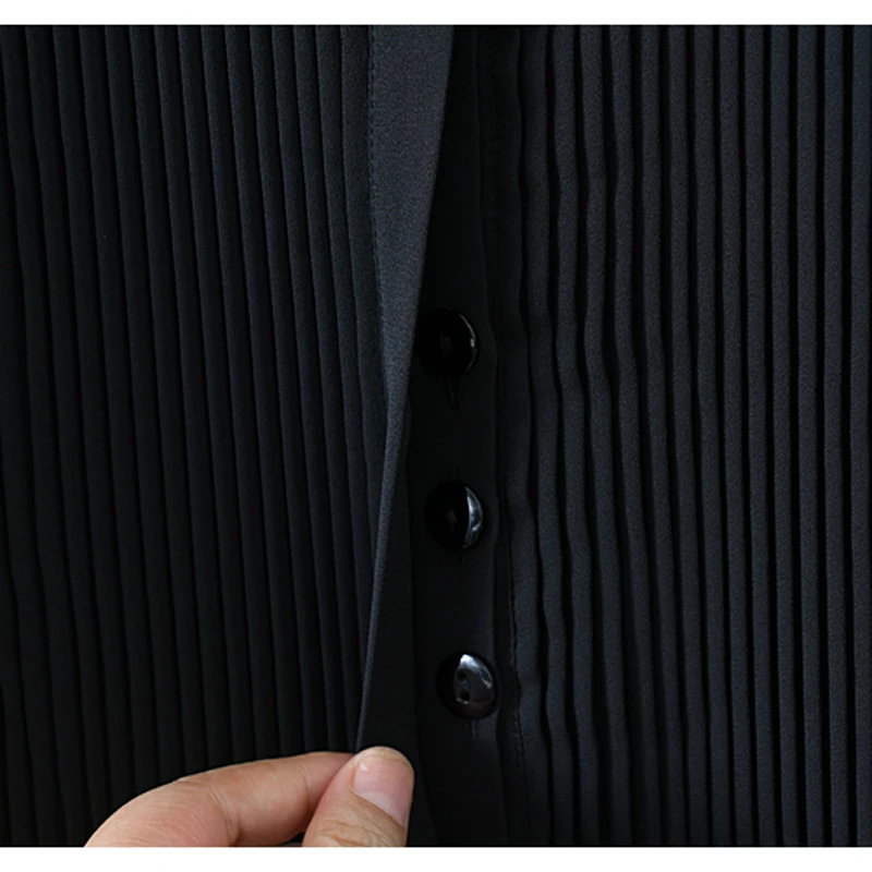 Высококачественная женская шифоновая блузка, Боди со складками спереди и длинным рукавом, Офисные женские Рубашки с трусиками, Однотонный черный Бежевый