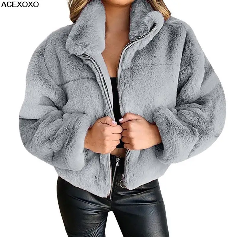 Горячая женская осенне-зимняя коллекция 2023 года, кардиган из искусственной кожи с кроличьим мехом на молнии, пушистое теплое пальто, пальто