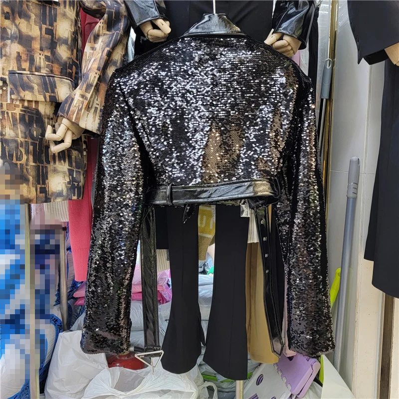 Женская весенняя универсальная модная укороченная куртка с блестками, Женский короткий костюм с длинным рукавом и пайетками, Женское кожаное пальто из искусственной кожи