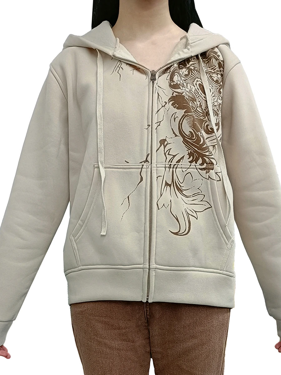 Женская толстовка оверсайз в стиле ретро с цветочным принтом и завязками - Винтажная эстетичная куртка на молнии для девочек в готическом стиле