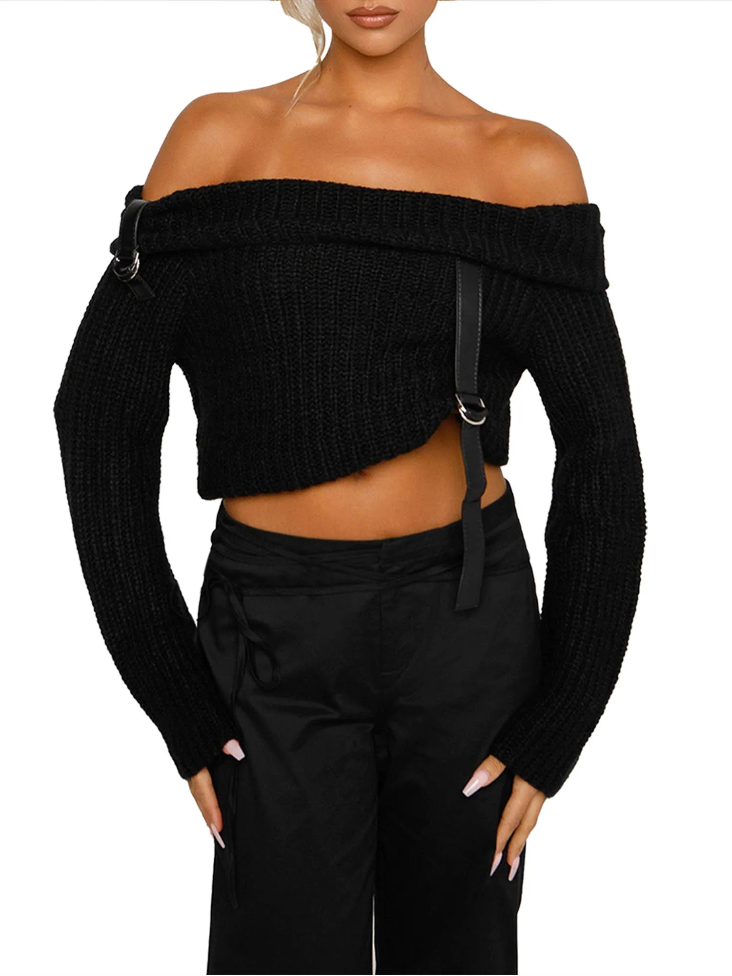 Женский вязаный свитер большого размера с поясом - Вырез лодочкой, пуловер с открытыми плечами и длинным рукавом для весны и осени - Модный