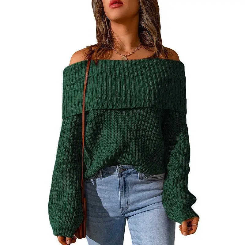 Женский вязаный свитер, осень-зима, Свободный однотонный пуловер, Женский Сексуальный Свитер с длинным рукавом и открытыми плечами