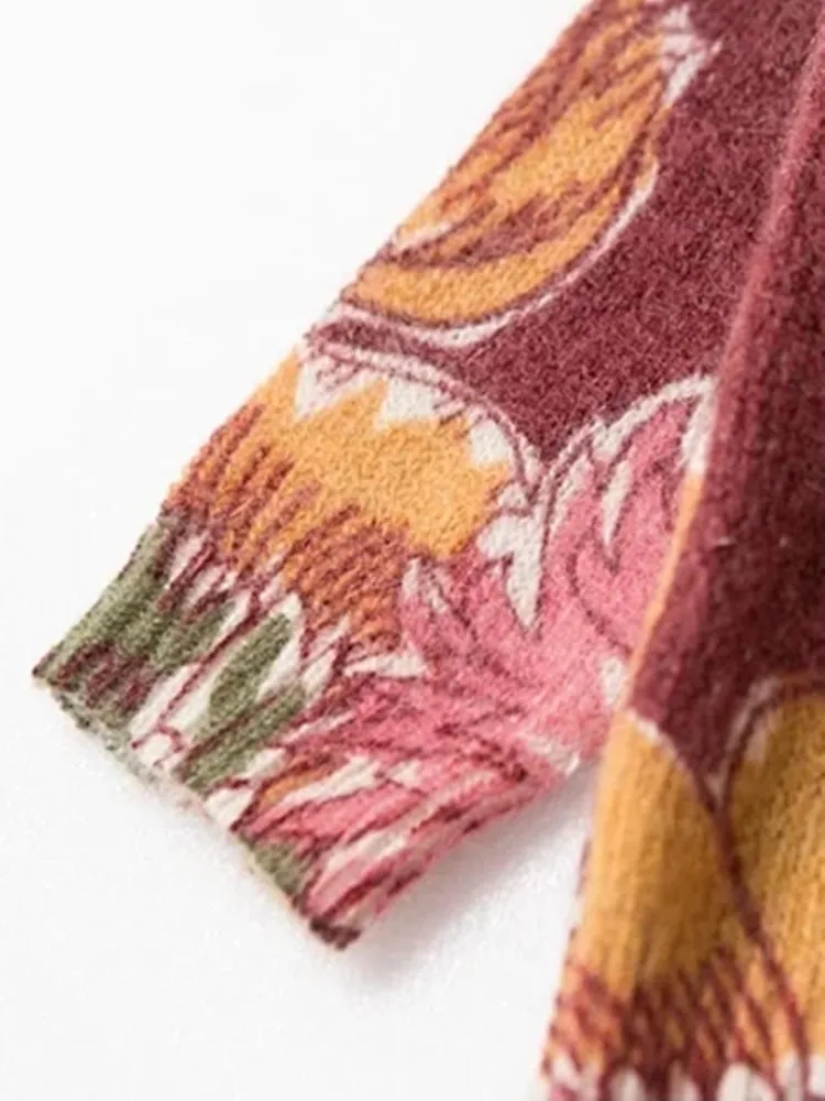 Женский свитер с цветочным принтом 2023, ранняя весна, шерсть и мохер с круглым вырезом, Винтажный женский джемпер