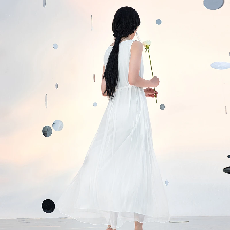 Женское платье A Life On The Left 2023, Летнее, без рукавов, Оригинальное, из 100% шелка тутового цвета, А-образная Удобная Мягкая Белая Длинная юбка