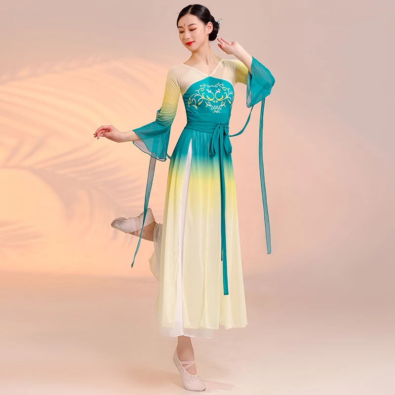 Классический танцевальный костюм Элегантное представление очарования женского тела Китайская одежда для упражнений Градиентная цветная марлевая одежда