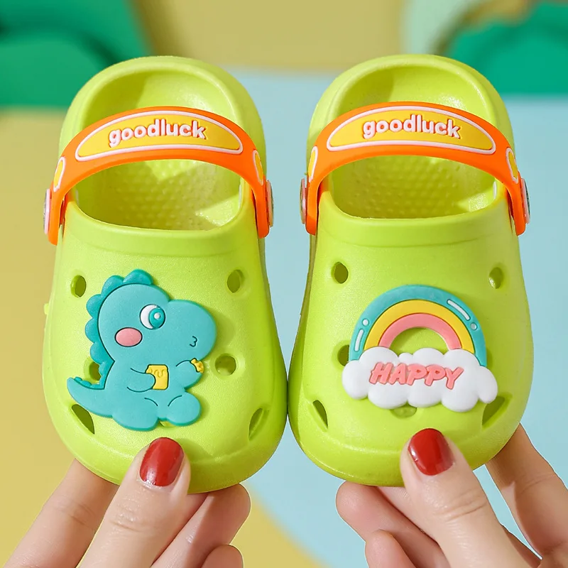 Летние детские сандалии, детская обувь с дырочками, Тапочки, мягкая противоскользящая детская обувь с рисунком динозавра из мультфильма, Песчаный пляж для мальчиков и девочек