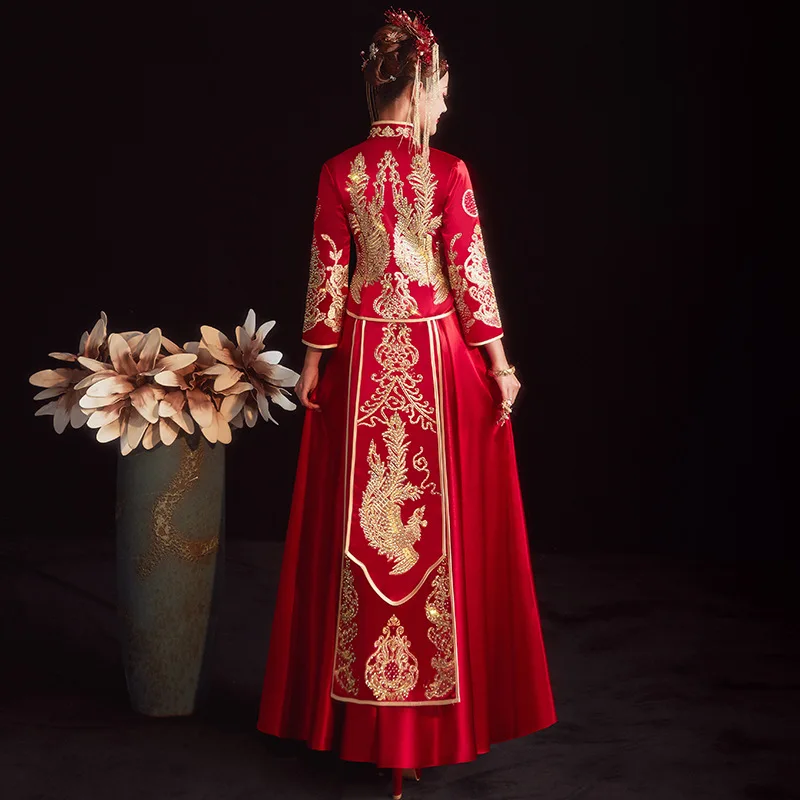 Свадебное платье с вышивкой Феникса для Невесты, Китайская Одежда для Тостов, Костюм Cheongsam Tang