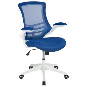 Синее Сетчатое Поворотное Эргономичное офисное кресло со средней спинкой с белой рамой и откидными подлокотниками для обеденного стола Sillas para barra d
