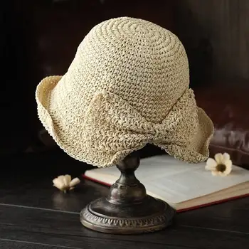Модная Пляжная шляпа Ручной работы, Женская Соломенная шляпа с бантом, Складная полая шляпа от Солнца