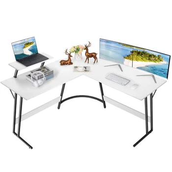 Компьютерный стол Vineego L-образной формы, современный угловой письменный стол с небольшим столиком, белый