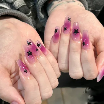 24шт носимые сладкие крутые y2k фиолетовые накладные ногти с черными звездами, длинные балетные накладки на ногти, искусственные ногти с клеем