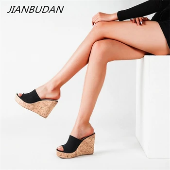 Тапочки на платформе JIANBUDAN, женские модные босоножки с открытым носком, тапочки на высоком каблуке, Размер плюс, сексуальная женская обувь 36-43