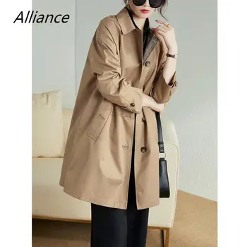 2023 Весенне-осенний Женский тренч средней длины, универсальное пальто в Британском стиле, однобортные Свободные женские весенние куртки цвета Хаки