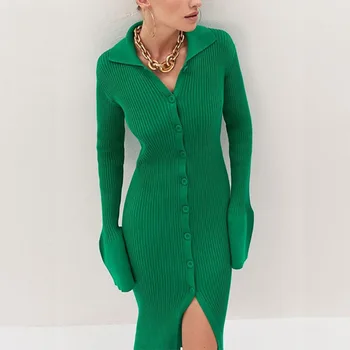 Женское облегающее платье 2023, Осеннее модное Новое платье с V-образным вырезом и длинными расклешенными рукавами