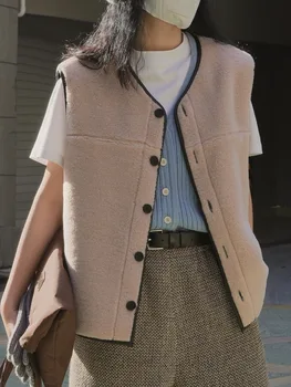 Весенне-летний женский повседневный однотонный жилет с V-образным вырезом и карманами, украшенный мехом, цельный жилет с обеих сторон