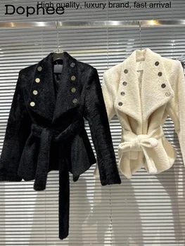 Плюшевый элегантный пояс с лацканами на талии, стеганый теплый костюм для женщин, черный блейзер, куртка, пальто, 2023, осень-зима, новая одежда
