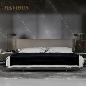 Итальянская минималистичная свадебная кровать в стиле лофт, Современная небольшая квартира высокого класса, Главная спальня, Первый слой кожаной двуспальной кровати 1,5 м 1,8 м
