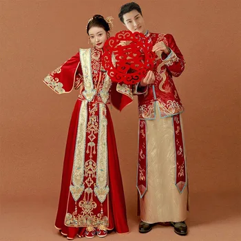 Восточная Пара с вышивкой дракона и Феникса, платье Чонсам в китайском стиле Hanfu, Элегантное Вечернее свадебное платье Qipao