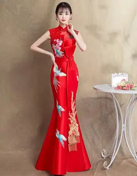 Красное китайское свадебное платье, женское летнее Улучшенное вышитое платье Чонсам с рыбьим хвостом Феникса, длинное