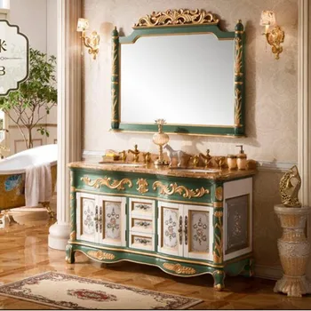 Шкаф для ванной комнаты в европейском стиле на заказ, комбинированный умывальник, массив дуба, роспись от пола до пола, ручная роспись умывальника