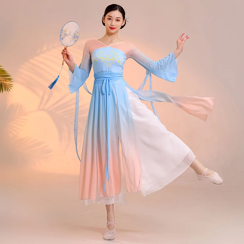 Классический танцевальный костюм Элегантное представление очарования женского тела Китайская одежда для упражнений Градиентная цветная марлевая одежда
