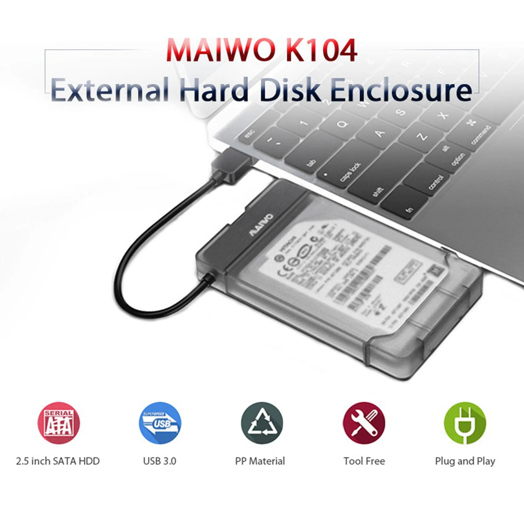 Корпус жесткого диска Maiwo K104 HDD SSD с интерфейсом USB 3.0 на SATA 3.0, корпус жесткого диска с поддержкой 2,5-дюймового SSD Без инструментов (черный)