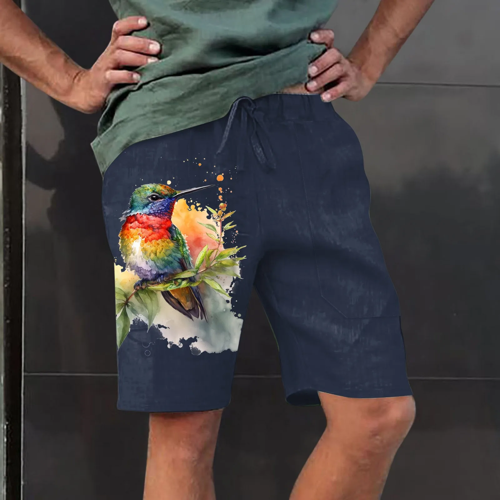 Линейные мужские Шорты Летние Широкие Свободные Короткие брюки Низ До колен Брюки на шнурке Цвета Хаки с принтом попугая Bermudas Masculina