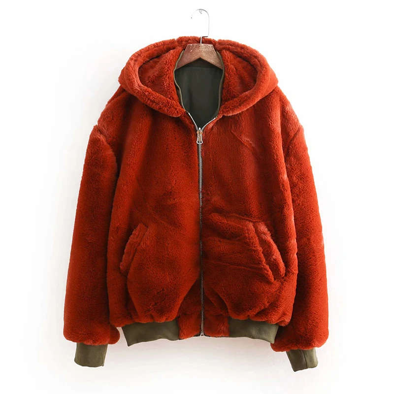 Модная зимняя куртка, Уличная одежда, Женское двустороннее пальто из искусственного меха ягненка с капюшоном, длинный рукав, негабаритная куртка-бомбер, верхняя одежда