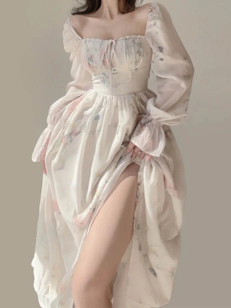 Платье с цветочным рисунком для женщин 2023, Модное Элегантное платье миди с длинным рукавом во французском стиле, Шикарные повседневные шифоновые платья с квадратным воротником