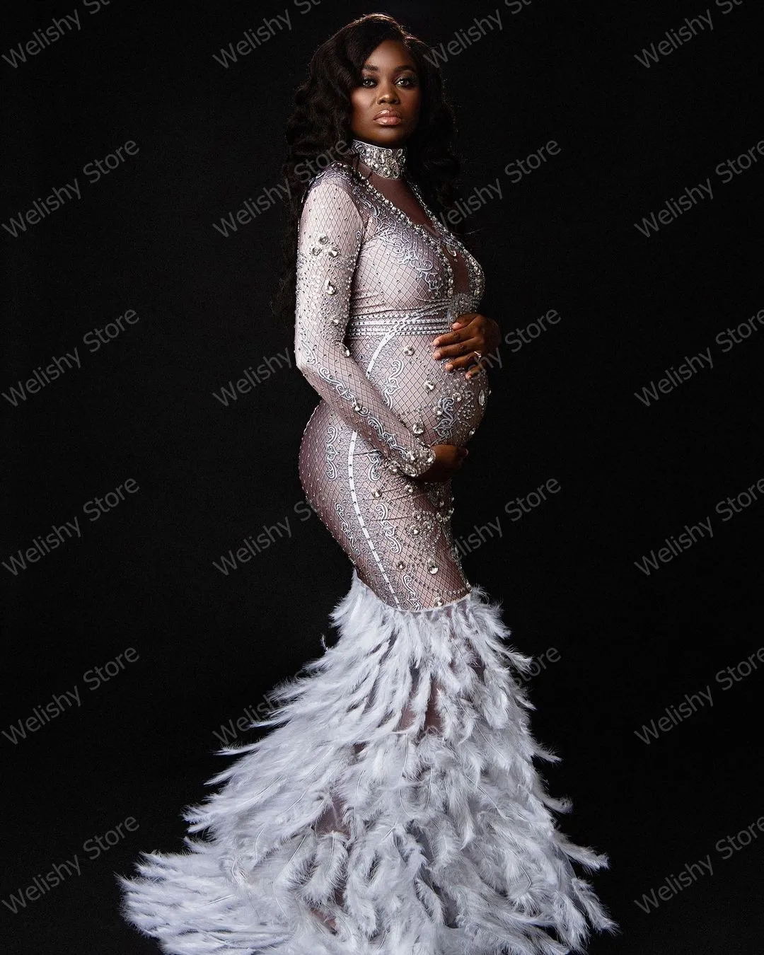 Свадебное платье Silve с высоким воротом, расшитое бисером, Свадебное платье с длинными рукавами, платье для беременных с перьями, Блестящие кристаллы, Платья Русалки для беременных